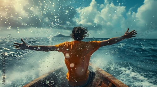 Man in Boat Surfing Ocean Waves in Dreamlike Scene © vanilnilnilla