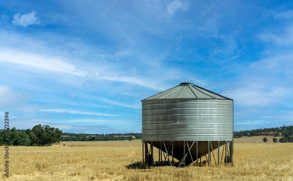 A silver corrugated steel Silo in a field rural western Australia