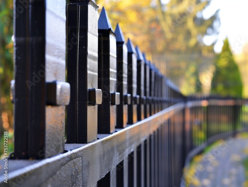 A modern panel fence in anthracite color. Grey metal corrugated fence in front of a residential building. Texture of profiled metal.