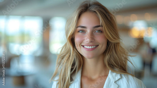 Smiling beautiful elegant businesswoman standing at lobby in a modern business office tower.