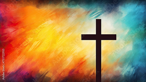 Cross in the sky. Abstract Easter Sunday Silhouette cross and Spiritual Sunrise Watercolor illustration background © RBGallery