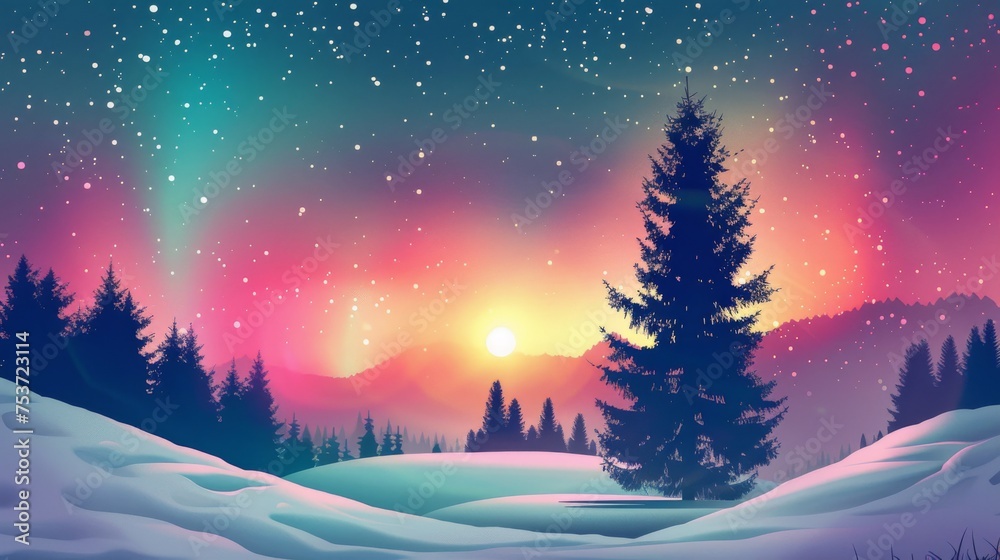 Winter wonderland with glowing aurora and color gradients