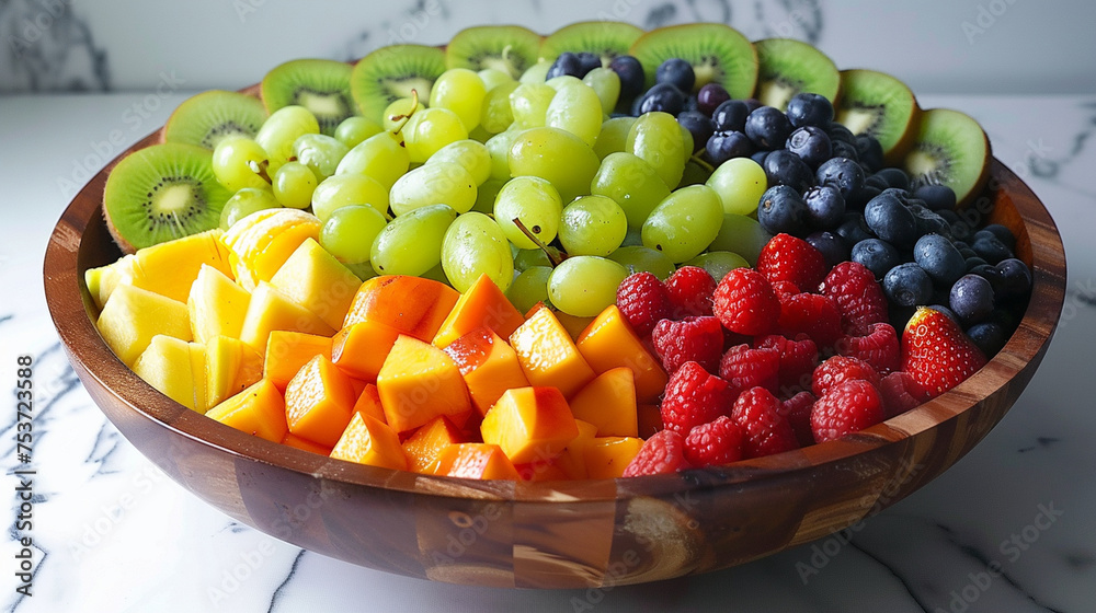 A vibrant fruit salad arranged in a decorative bowl, showcasing a rainbow of colors — incredibly tasty, beautiful design, useful, stylish A vibrant fruit salad arranged in a decorative bowl, showcasing a rainbow of colors — incredibly tasty, beautiful design, useful, stylish