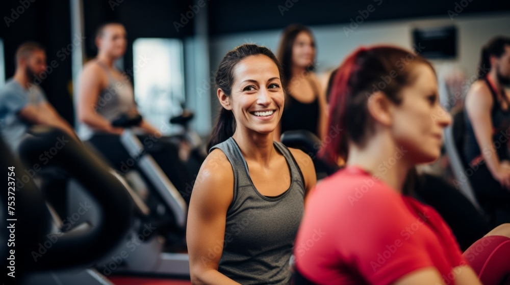 A group of happy Women are working out in the gym. Sports, Fitness, Energy, Group Training, Healthy lifestyle concepts.