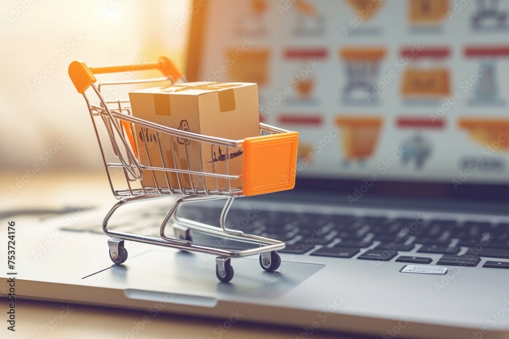 Photo Miniature shopping cart positioned in front of open laptop screen