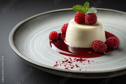 A delicate panna cotta with a raspberry coulis on a sleek dessert plate photo