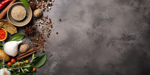 Top view of herbs, condiments, and spices on a stone background, with room for text.
