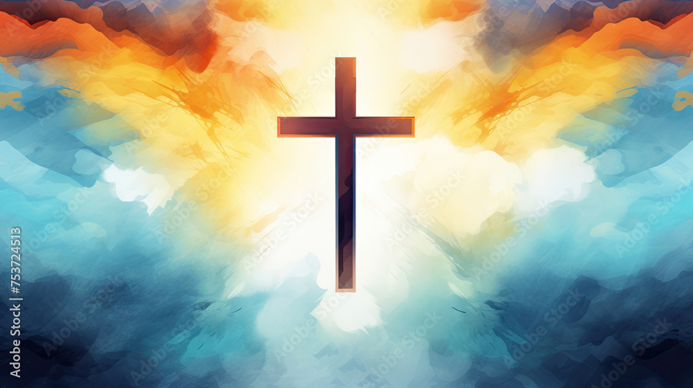 Cross in the Sky. Dramatic Sunrise Watercolor Illustration art Christian Background. God's Beliefs, Faith, Religion, and the Symbolism of Jesus Christ