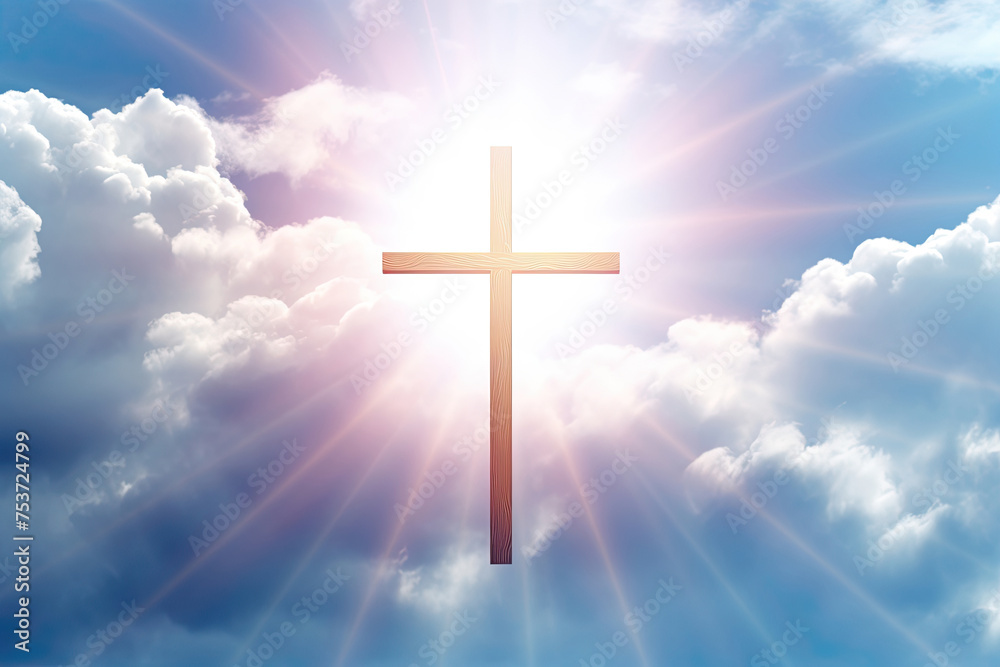 Cross in the Sky. Christian Symbol Shining Brightly Against Soft Clouds and Blue Sky. Religious Representation of Jesus Christ's Crucifixion Cross in the Sky. Christian Symbol Shining Brightly Against Soft Clouds and Blue Sky. Religious Representation of Jesus Christ's Crucifixion