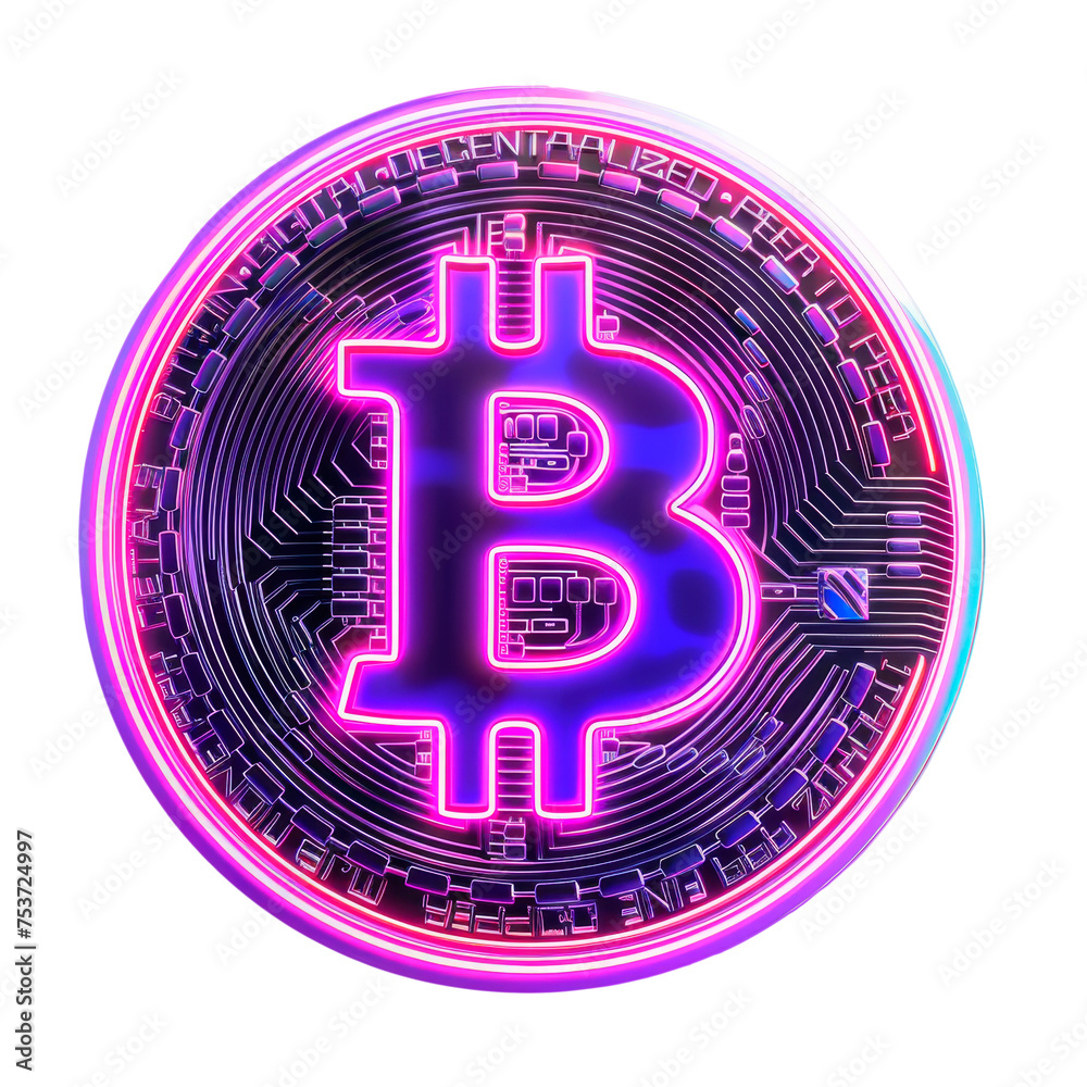 Neon Lit Bitcoin Sign - Cut out, Transparent Background Neon Lit Bitcoin Sign - Cut out, Transparent Background