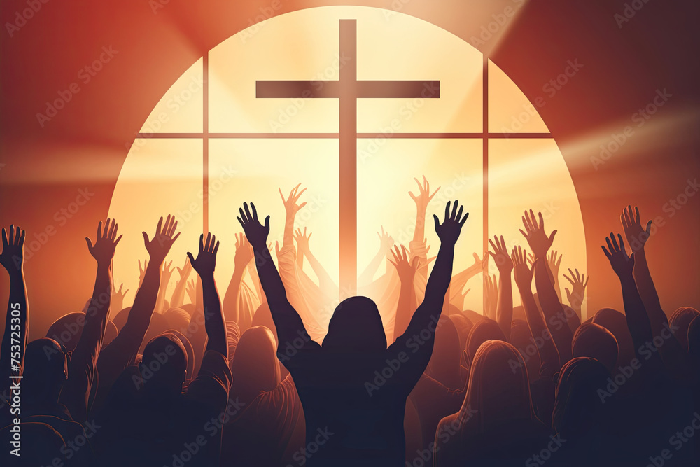 Silhouettes of People at the Cross in the Sky. Christians in Church, Raised Hands in Prayer and Worship. Symbolizing Salvation, Gospel, Faith, Christian Easter, and Good Friday - obrazy, fototapety, plakaty 