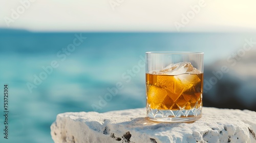 Gold Drink on a white Stone Platform. Beautiful Seascape Background