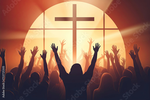Silhouettes of People at the Cross in the Sky. Christians in Church, Raised Hands in Prayer and Worship. Symbolizing Salvation, Gospel, Faith, Christian Easter, and Good Friday