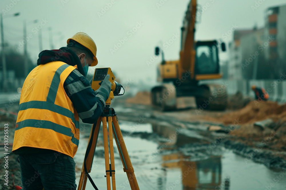 Photorealistic image of a surveyor at a construction site - obrazy, fototapety, plakaty 