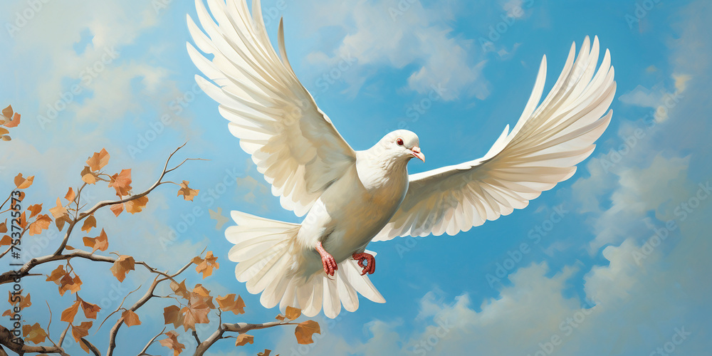 White dove in the air with wings wide open against the sky. A symbol of peace White dove in the air with wings wide open against the sky. A symbol of peace
