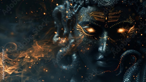 mighty god shiva face sculpture with golden glowing lights