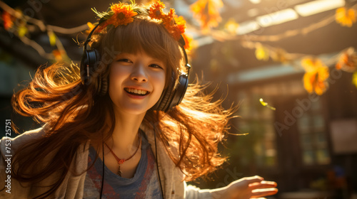 A young Asian girl 14 years old enjoying music in her cozy living room, wearing headphones and dancing with a carefree and joyful expression, capturing the essence of a relaxed and stylish lifestyle