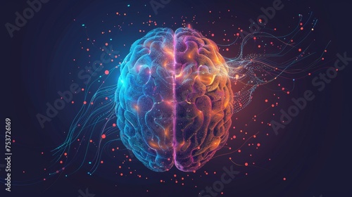 A vector graphic illustrates the concept of consciousness with a depiction of the left and right brain. This image symbolizes the duality and interconnectedness of cognitive functions photo