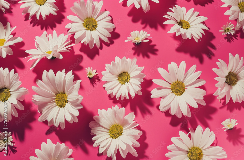 Beautiful white daisies scattered on pink background with copy space in the middle for summer concept design Beautiful white daisies scattered on pink background with copy space in the middle for summer concept design