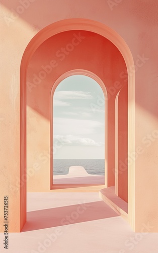 Mediterranean Home Entrance: Ocean Vista, Peach Arches, and Wall Shadows