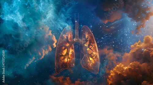 Surreal lungs intertwined with cosmic elements, symbolizing life and breath in a mystical sky. artistic concept for wellness and spirituality. AI photo