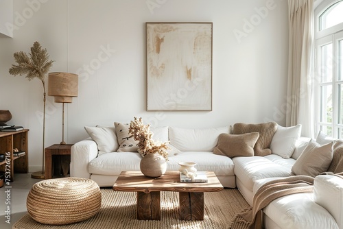 Minimalist Living Space: Serene Ambiance, Neutral Palette, and Subtle Light and Shadow Play