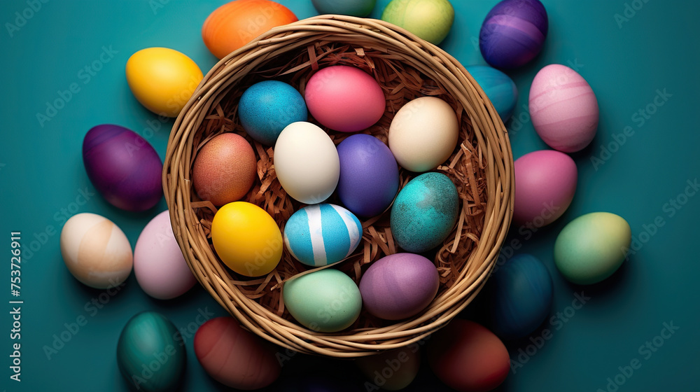 Colorful Easter Eggs in Wicker Woven Basket, Top View on Blue Background