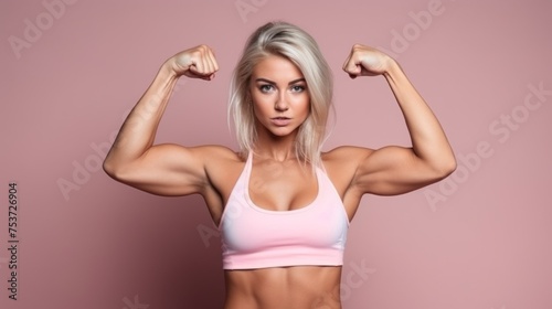 Portrait of a Young Caucasian blonde fitness woman showing off her toned Arms, muscles, Biceps and Triceps on a pink background. Sports, Bodybuilding, Crossfit, Energy, Workouts, Healthy concepts.