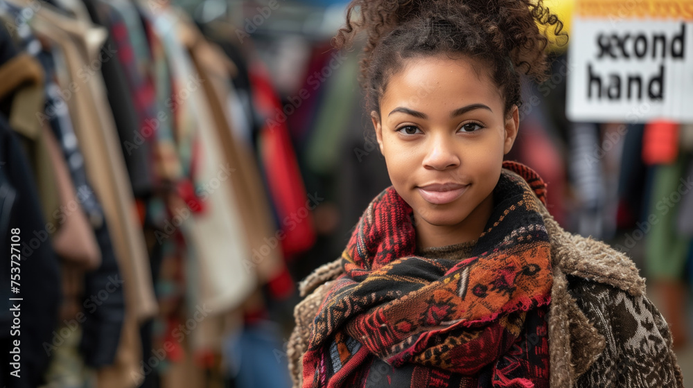 Stylish Young Woman Shopping at a Second-hand Clothing Market.