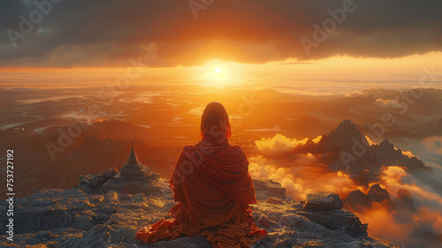 A Zen monk sits in serene meditation perspective shooting  mountain top shooting framing generative ai