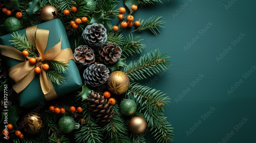 a gift wrapped in a green wrapping paper surrounded by pine cones, berries, and pine cones on a green background. a gift wrapped in a green wrapping paper surrounded by pine cones, berries, and pine cones on a green background.