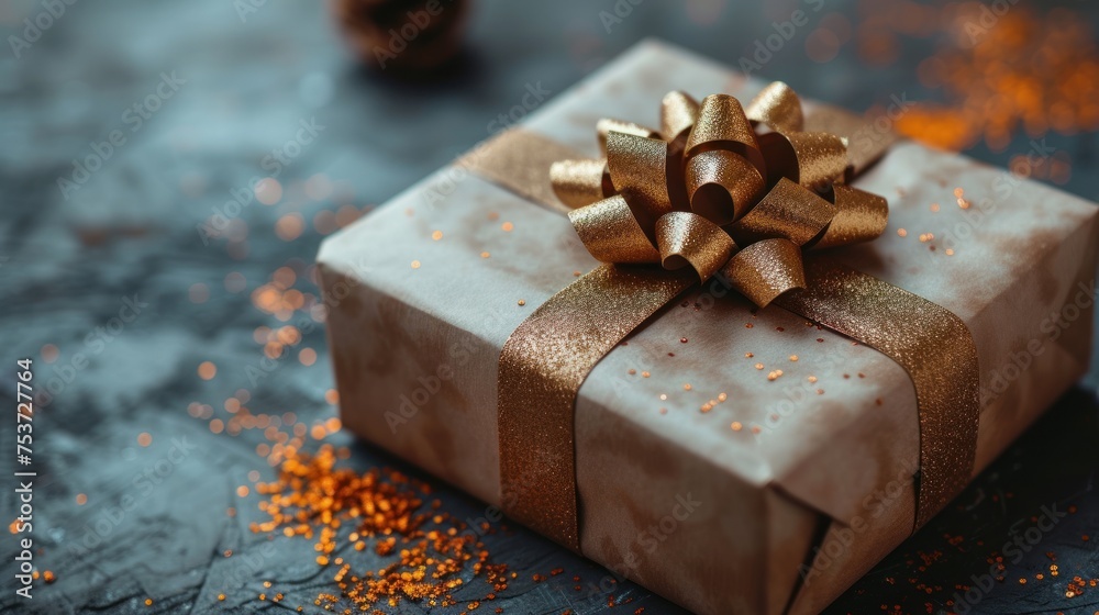 a close up of a present wrapped in brown paper with a gold ribbon and bow on a table with confetti sprinkles.