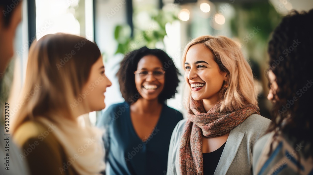 Obraz premium A group of diverse, confident, women working together, smiling, in an office, business environment