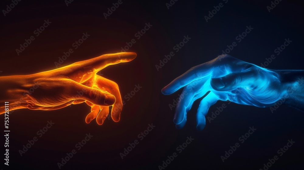 Two hands, one glowing in orange and the other in blue, symbolize assistance and support - obrazy, fototapety, plakaty 