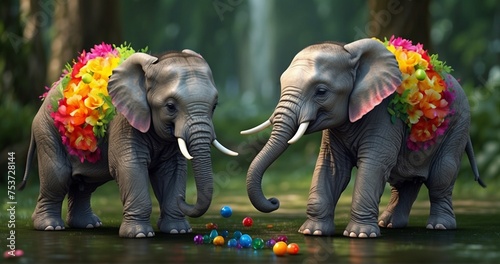 Craft an ultra-realistic image of baby elephants playing joyfully with colorful balls in a natural habitat. Pay meticulous attention to the details of the elephants' skin, the texture -AI Generative