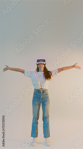 Happy woman embracing the virtual reality experience. White background. AI Generated