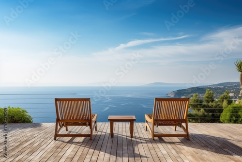 Wooden deck chairs on the terrace of a luxury house with sea view  empty wood chair and table at the outdoor patio with beautiful tropical beach  Ai Generated