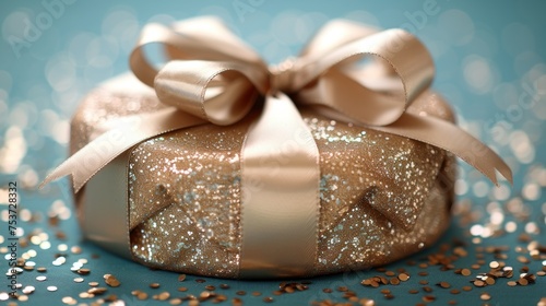 a close up of a present box with a ribbon and bow on a blue background with gold confetti. photo
