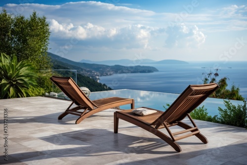 Wooden deck chairs on the terrace of a luxury house with sea view, empty wood chair and table at the outdoor patio with beautiful tropical beach, Ai Generated