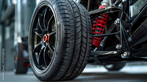 Close up of a tire on a car with a red shock absorber