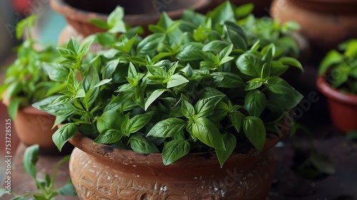 bundles of fresh holy basil (tulsi) in a traditional clay pot