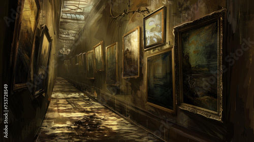 illustration concept of abandoned old building corridor with dimly sun light, dirty walls and photo hanged on the wall, enhancing anxiety and horror feels
