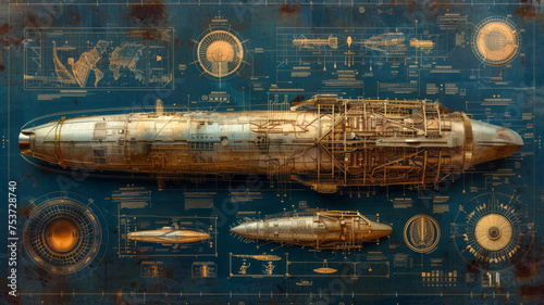 detailed blueprint of a steampunk airship. Blueprint, odd, steampunk themed,generative ai