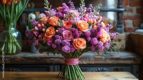 a bouquet of purple and orange flowers on a table next to a vase of orange and purple flowers on a table. photo