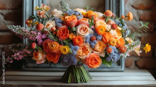 a bouquet of flowers sitting on top of a table in front of a mirror with a brick wall in the background. photo