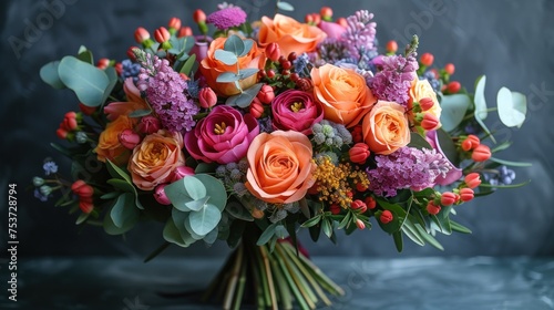 a bouquet of orange and pink flowers on a dark background with greenery and flowers in the middle of the bouquet. photo