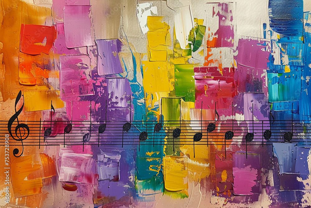 Design an abstract piece of art that explores the harmony between music and visual expression