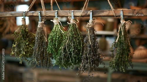 bundles of dried thyme, oregano, and basil hanging from a rustic wooden rack