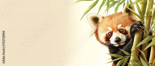 A curious panda or red panda peeks out from behind a bamboo stalk with copy space for text. © Nopparat
