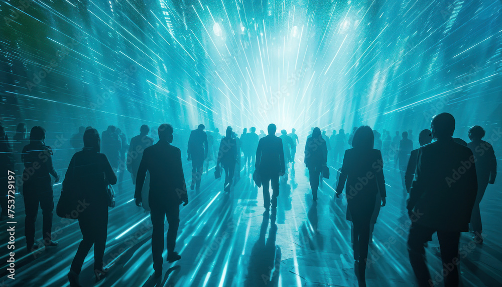 Dark Silhouettes of People Walking with Light Beams in Room, Mysterious and Surreal Scene Illustration